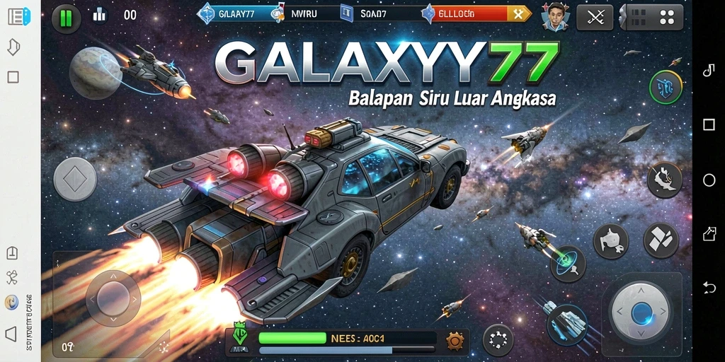 Screenshot menunjukkan kendaraan futuristik balapan di luar angkasa.