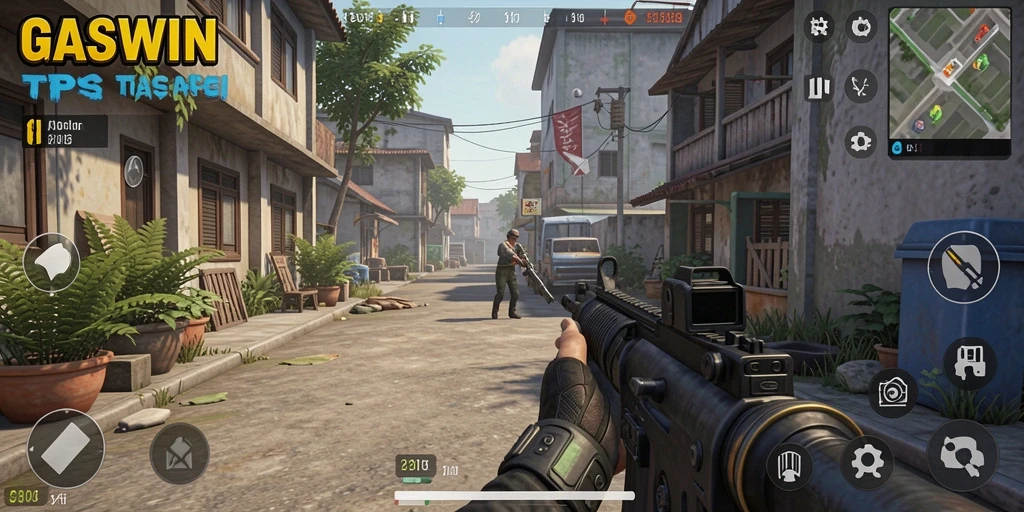 Screenshot GASWIN menampilkan aksi seru dalam gameplay TPS yang mendebarkan.