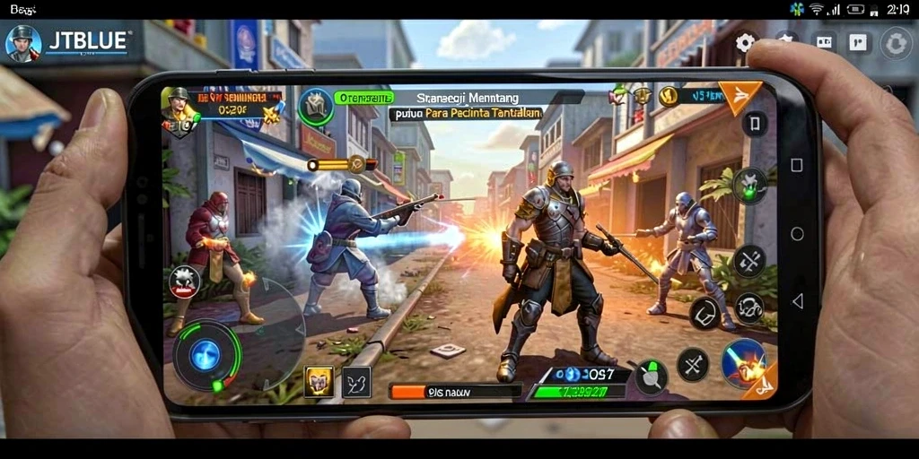 Screenshot JTBLUE menampilkan pertempuran strategis yang intens dan dinamis.