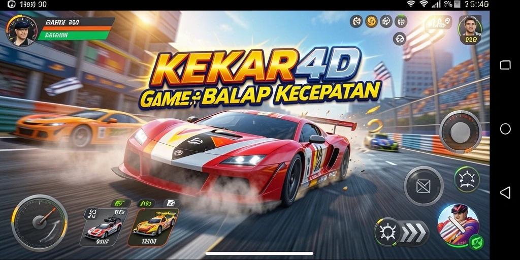 Gameplay KEKAR4D dengan mobil balap yang cepat dan lintasan menantang.