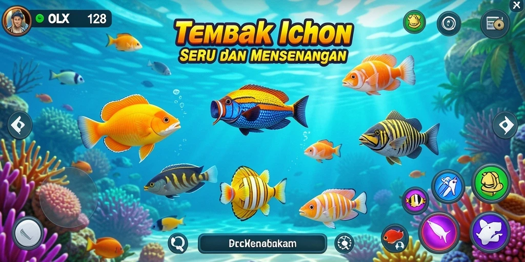 Screenshot utama OLX128 menampilkan aksi seru menembak ikan.