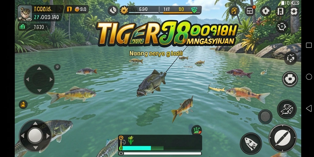 Screenshot utama TIGERJP88 menampilkan aksi seru memancing ikan di laut.