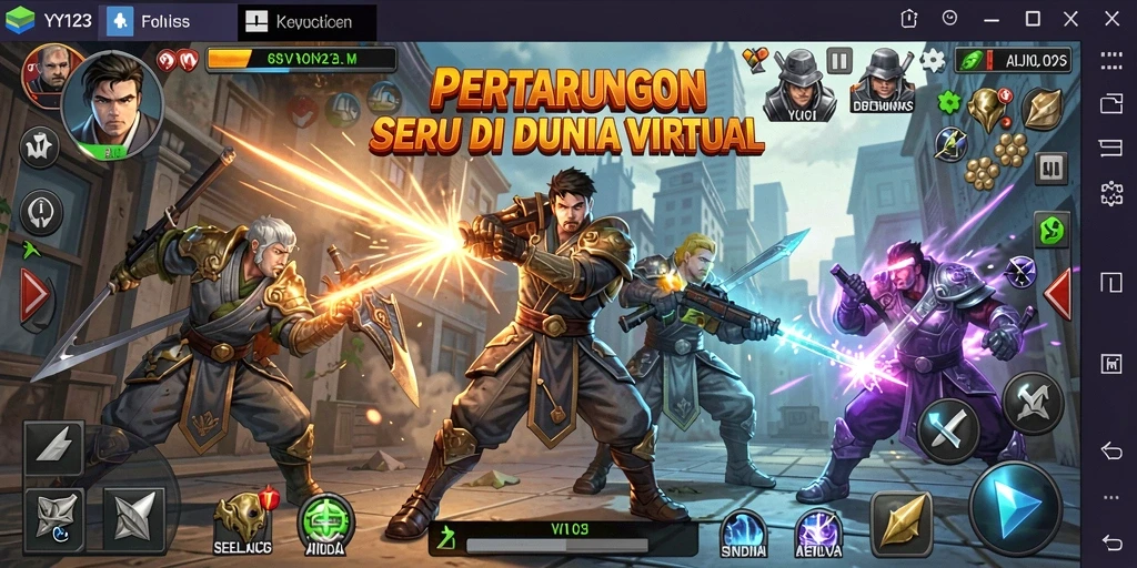 Tampilan seru gameplay YY123 dengan karakter bertarung.